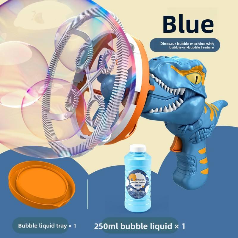 Blue dinosaur bubble machine toy with bubble liquid and tray, Tafeen Toys product