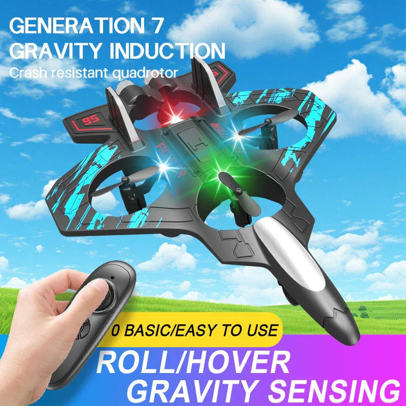 Hand holding remote controls Tafeen Toys quadcopter drone with LED lights flying outdoors