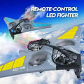 Remote control LED fighter toy aircraft with yellow and blue accents flying in the sky, Tafeen Toys