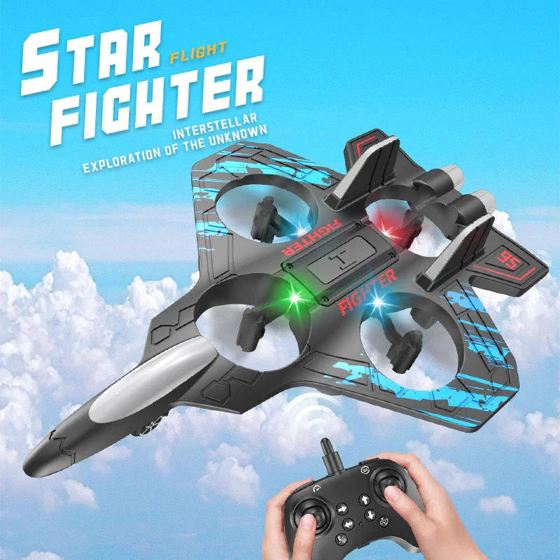 Remote control star fighter toy drone with LED lights flying above clouds, Tafeen Toys