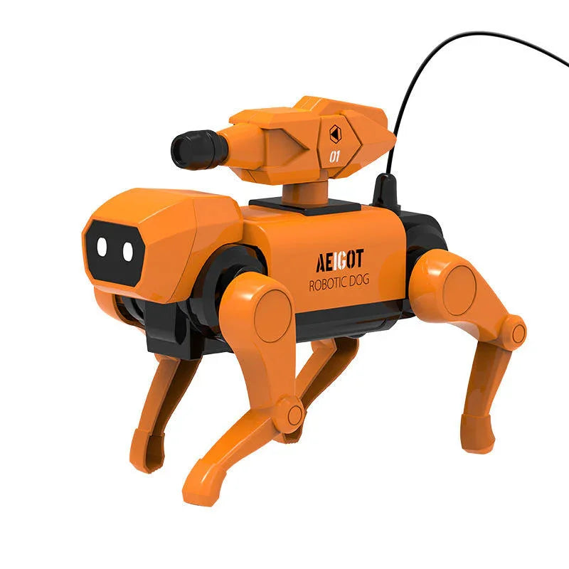 Orange robotic dog toy with four legs and camera sensor from Tafeen Toys