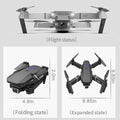 Foldable camera drone in flight, folded, and expanded states with size dimensions, Tafeen Toys.