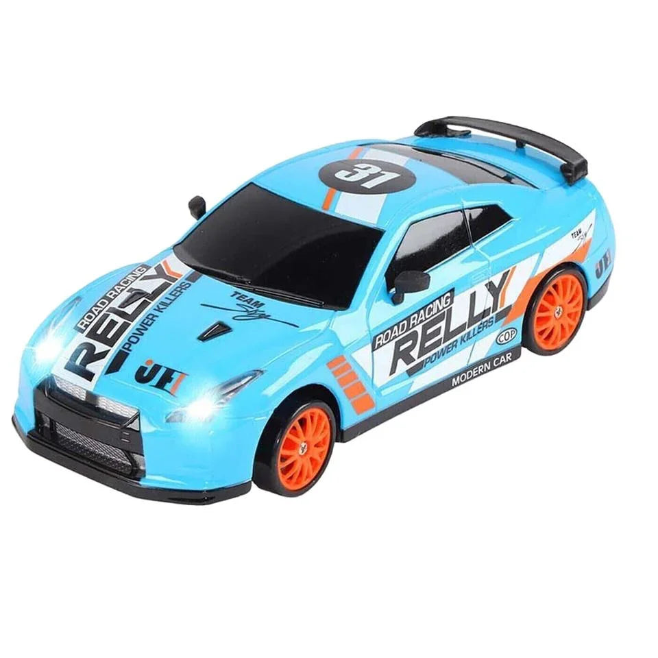 Blue toy race car with orange wheels and sporty decals from Tafeen Toys