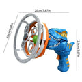 Blue dinosaur bubble gun toy with circular bubble blower, product dimensions shown, Tafeen Toys